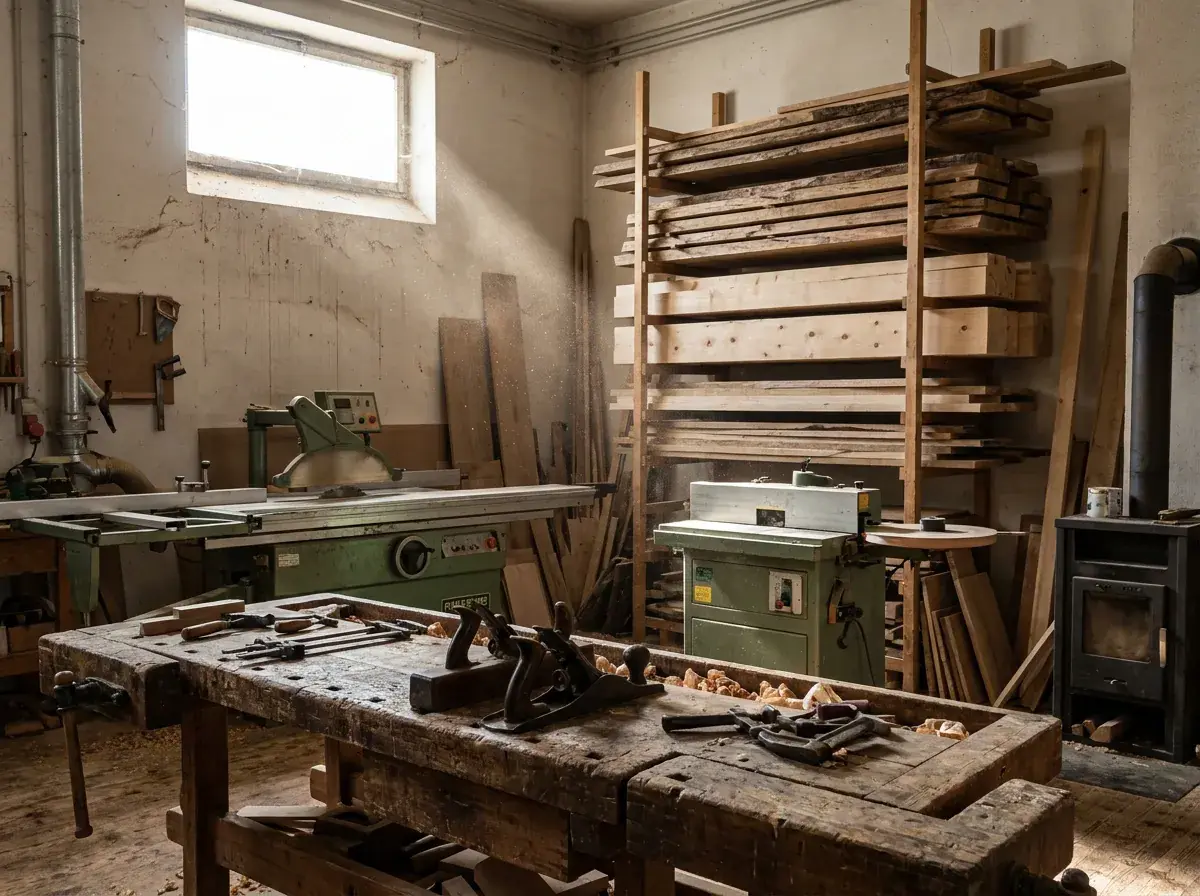 Tischlerei-Werkstatt mit Hobelbank und Holzlager